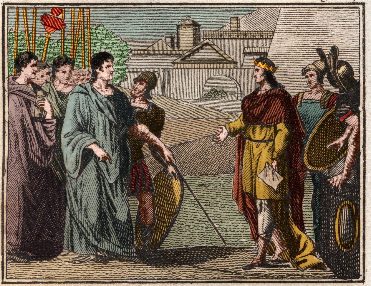 Numa Pompilius, den legendariske andre kongen av Roma, returnerer det hellige skjoldet til prestene på Mars. av French School