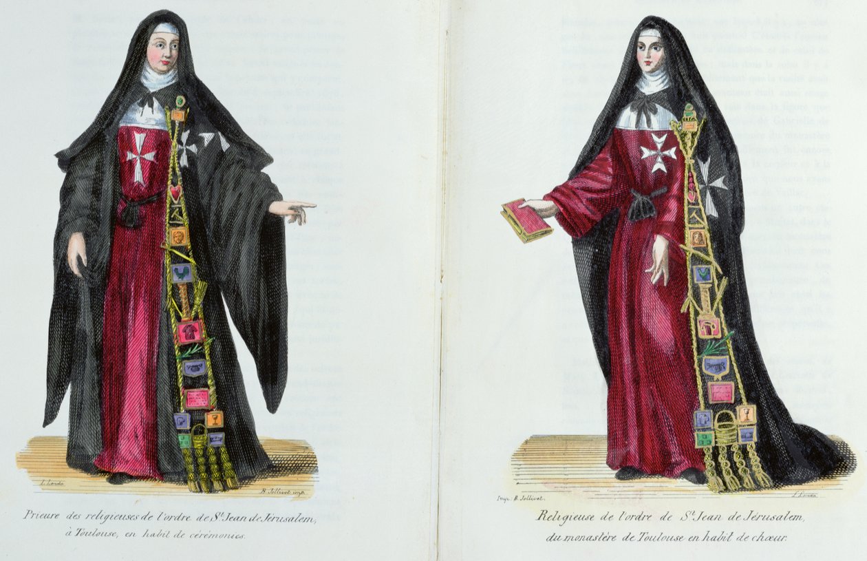 Nonner av St. John-ordenen av Jerusalem, illustrasjon fra History and Costumes of Monastic Orders by Father Helyot, 1842 av French School