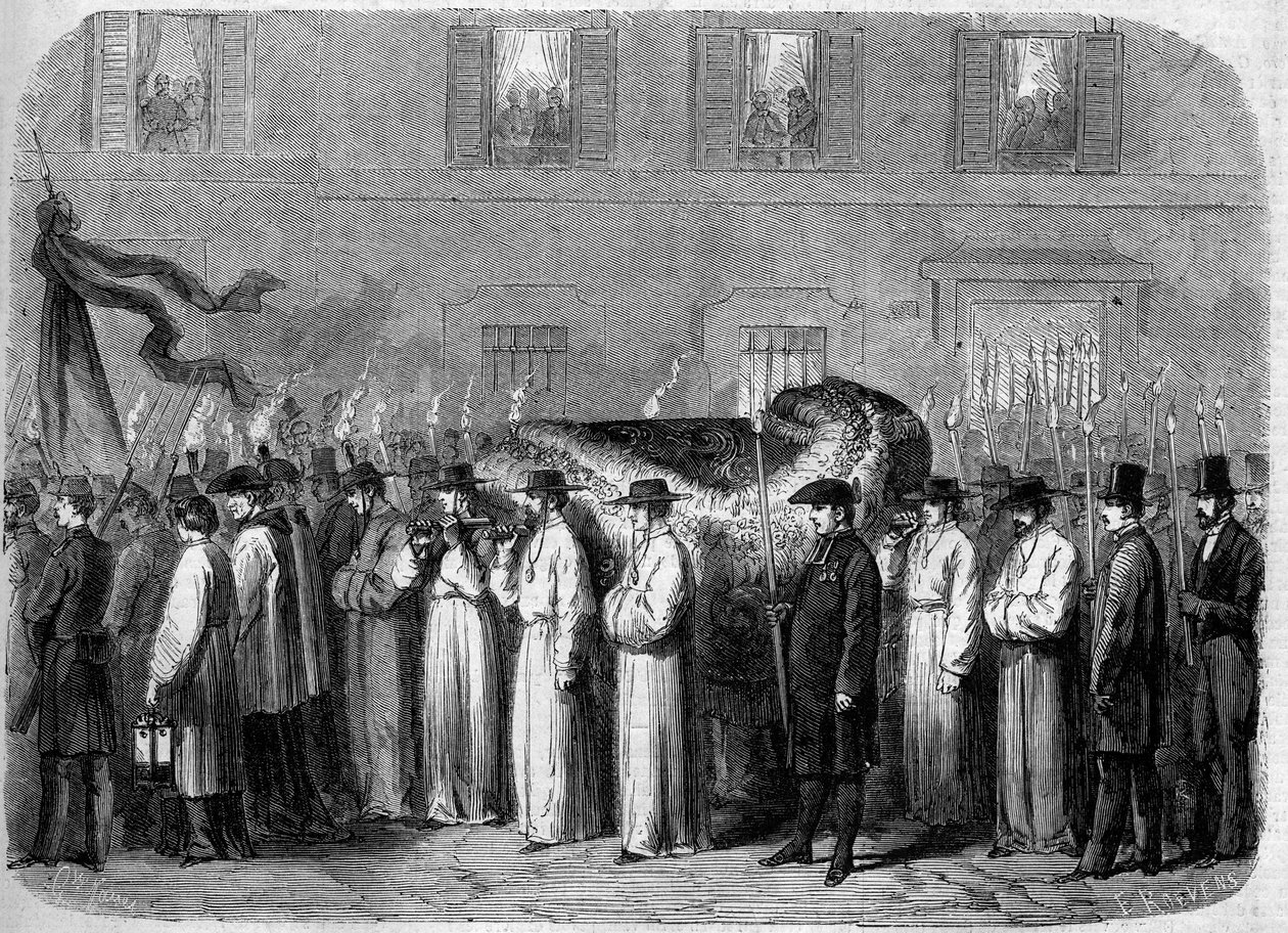 Obseques av Jean Baptiste (Giovanni Battista) Niccolini (1782-1861), 21. september 1861: begravelseskonvoi som frakter restene av den italienske poeten i gatene i Firenze (Firenze), Italia. Gravering i "" Le Monde Illustré"" nr. 234 av 5. oktober av French School
