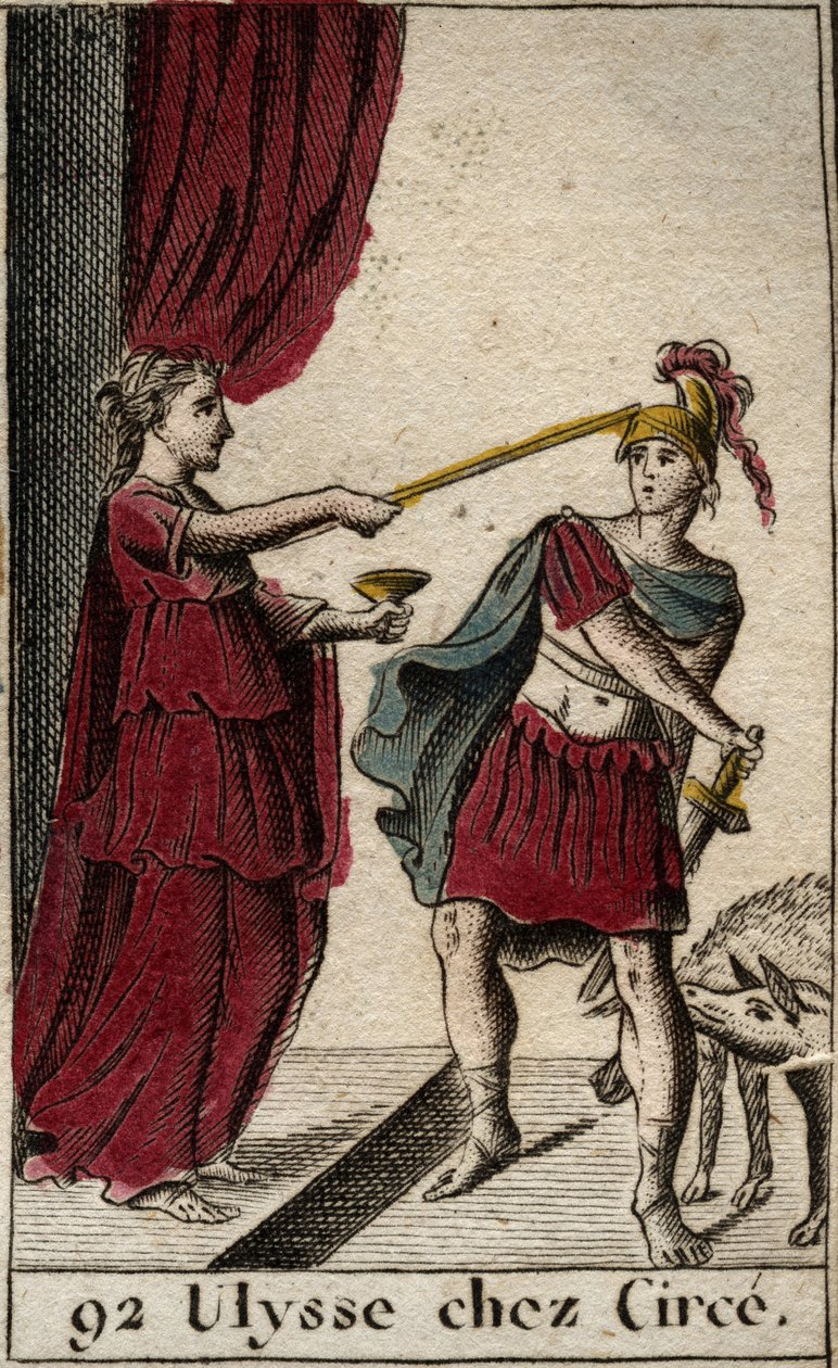 Odyssee of Homere: heltene Ulysses ved magikeren Circe. Bak ham ble kameratene hennes forvandlet til griser. (Homer