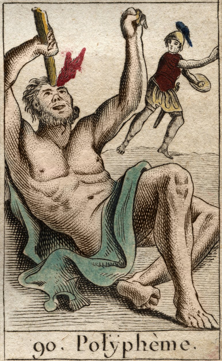 Odysseus (eller Ulysses) blender kyklopen Polyphemus, fra "Mythologie de la Jeunesse" av Pierre Blanchard av French School