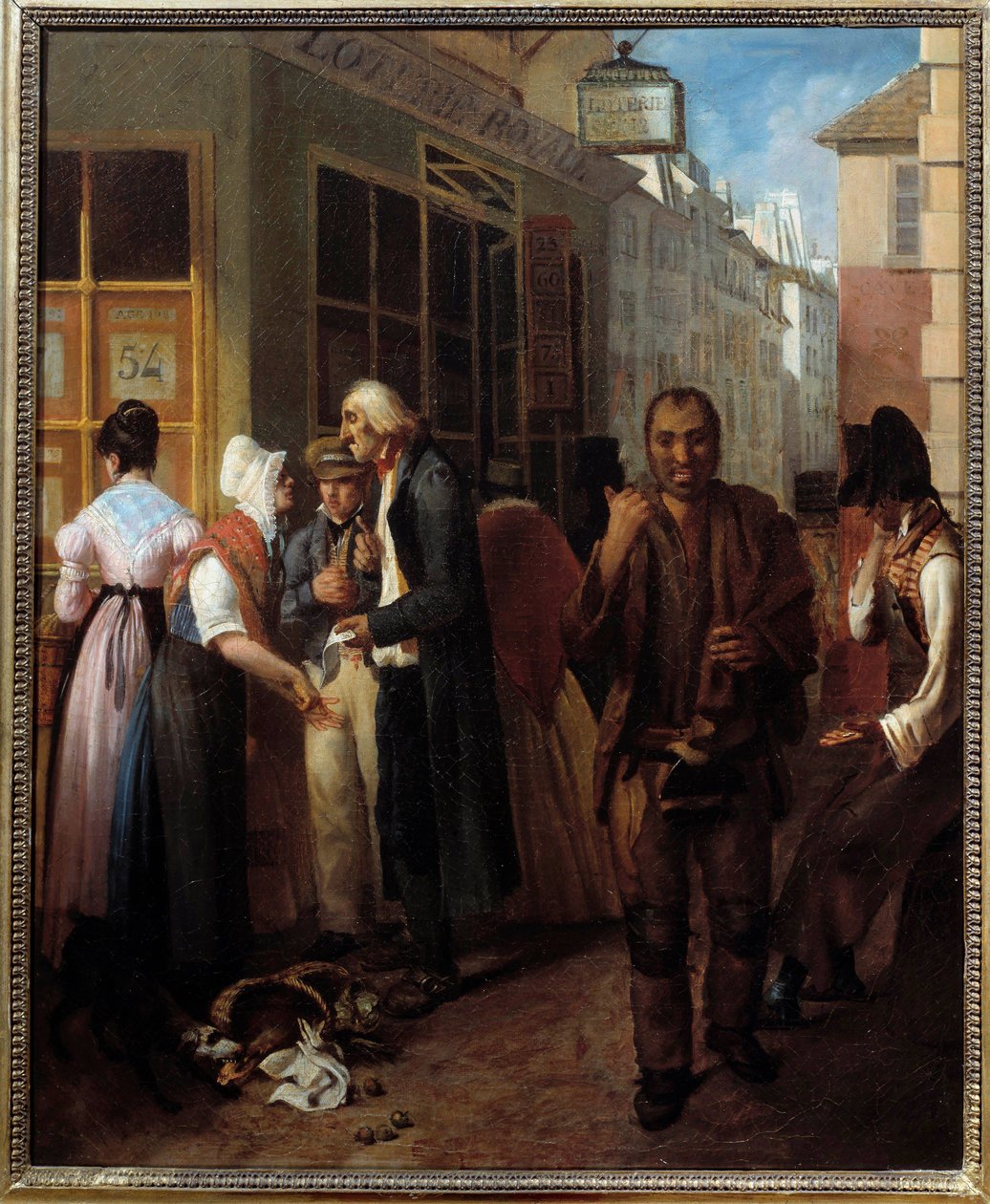 Kontoret til det kongelige lotteriet under restaurering av anonymt maleri fra 1800-tallet. Sol. 0,61x0,51 m Paris, musee Carnavalet av French School