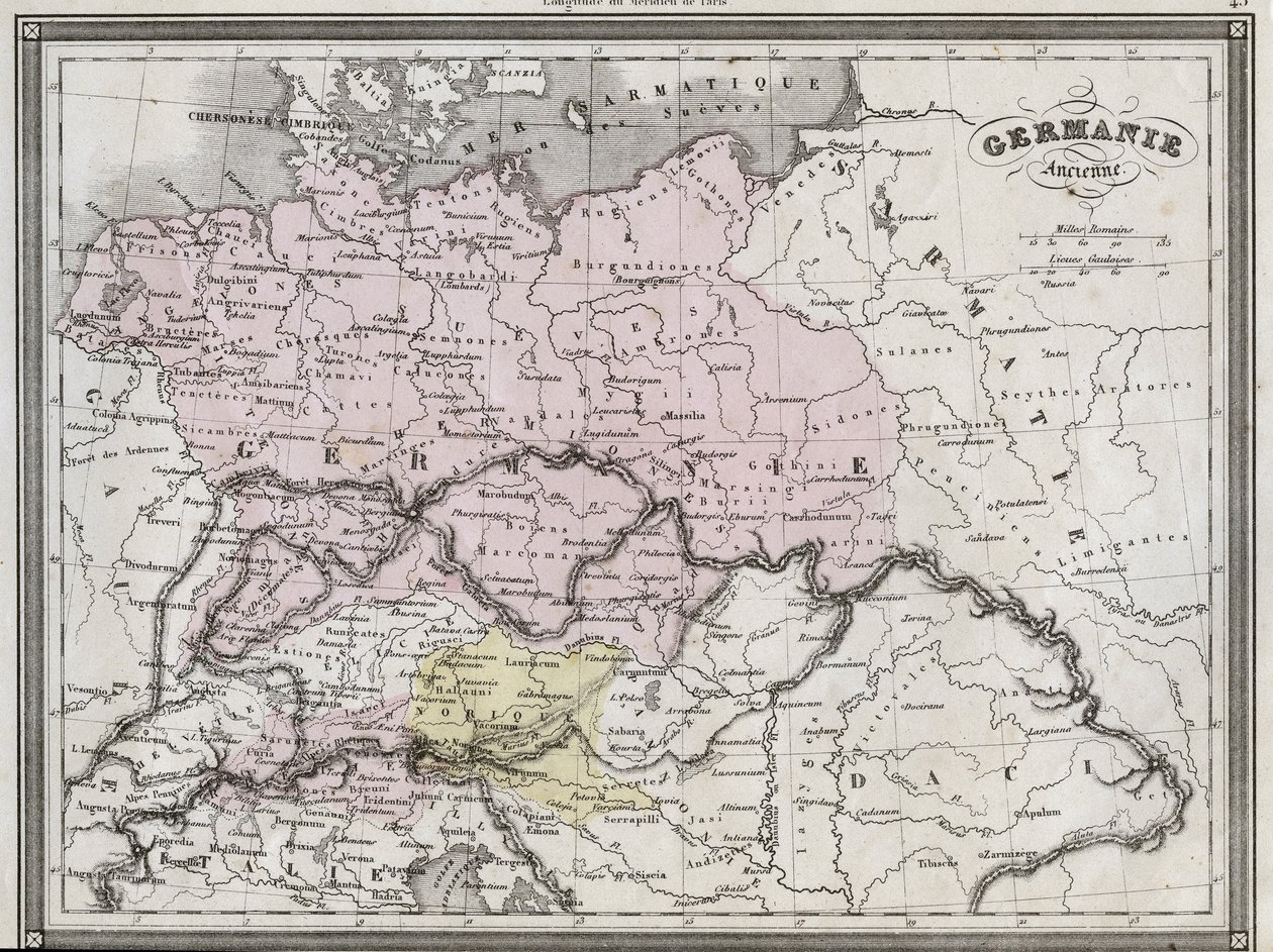 Old Germania - Plate hentet fra "" Universal Atlas of Ancient and Modern Geography for Residential Schools"" av Vuillemin - ca. 1845 av French School