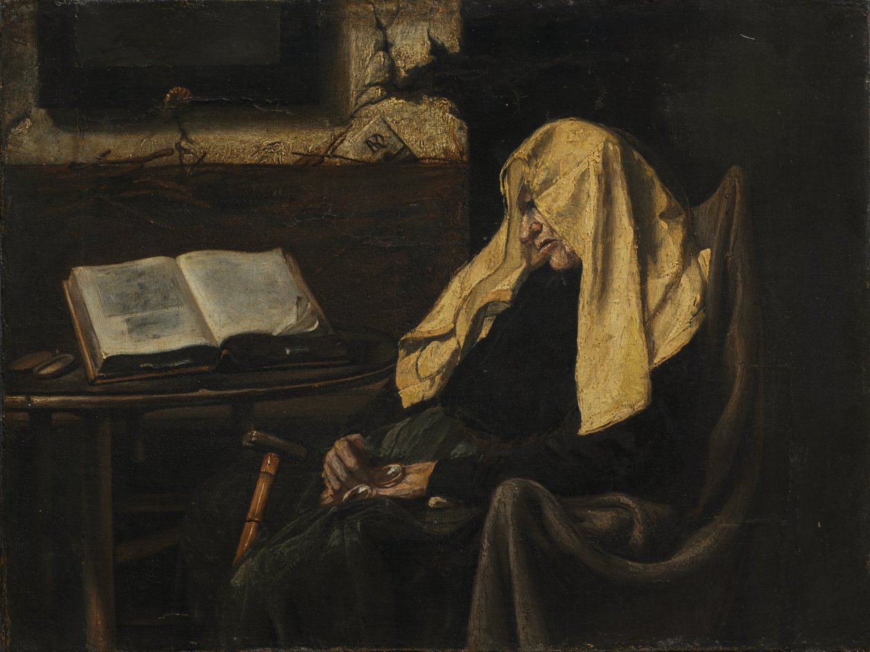Old Woman Asleep, midten av 1800-tallet (olje på stoff) av French School