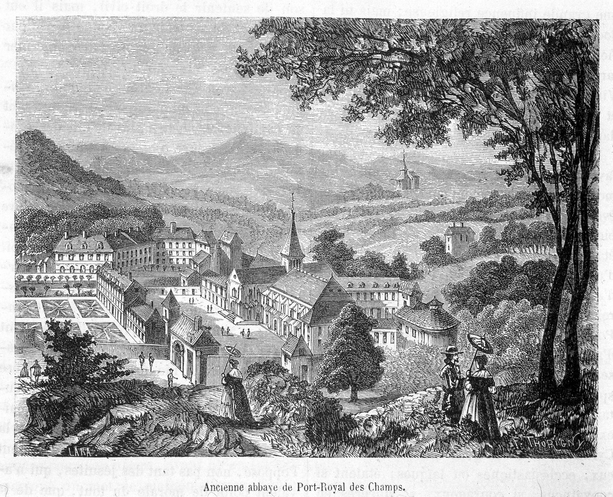 Det gamle klosteret Port Royal des Champs (Port-Royal-des-Champs) fugleutsikt - gravering av French School