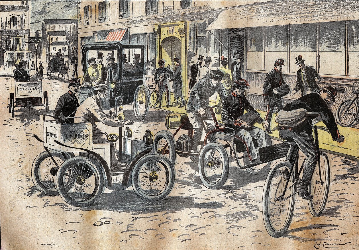 On 5 Oct.1899, under-secretary of state at the post office Leon Mougeot (1857-1928) presided over the first tests of bicycles and various automobiles, for the lift of mail, at the central post office of the XII arrondissement of Paris. Engraving in “” Le P av French School