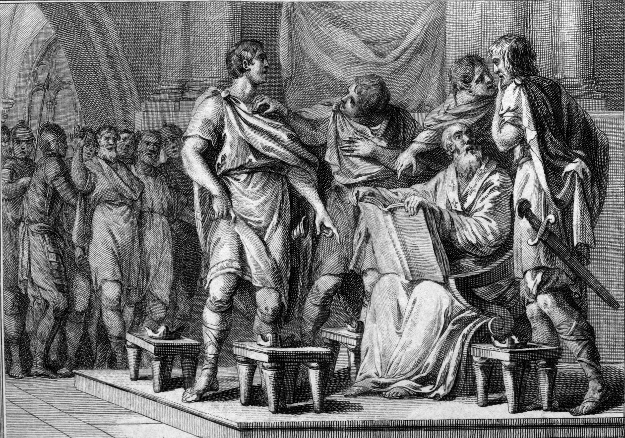 On the death of Clotaire (Clothaire) 1st, King of the Franks, his four sons each received part of the kingdom. Their names are Caribert 1er or Charibert (ca. 520-567), Gontran 1er (ca. 545-592), Sigebert I (535-575) and Chilperic I (ca. 539-584). Engraving av French School