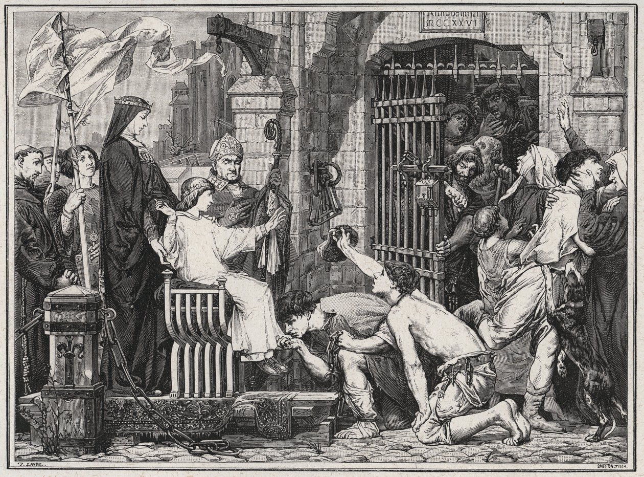 On the occasion of his future (1227), the young Louis IX made prisoners delivate - engraving in “Les Hommes Celebres de la France” by Louis Dumas 1889 av French School