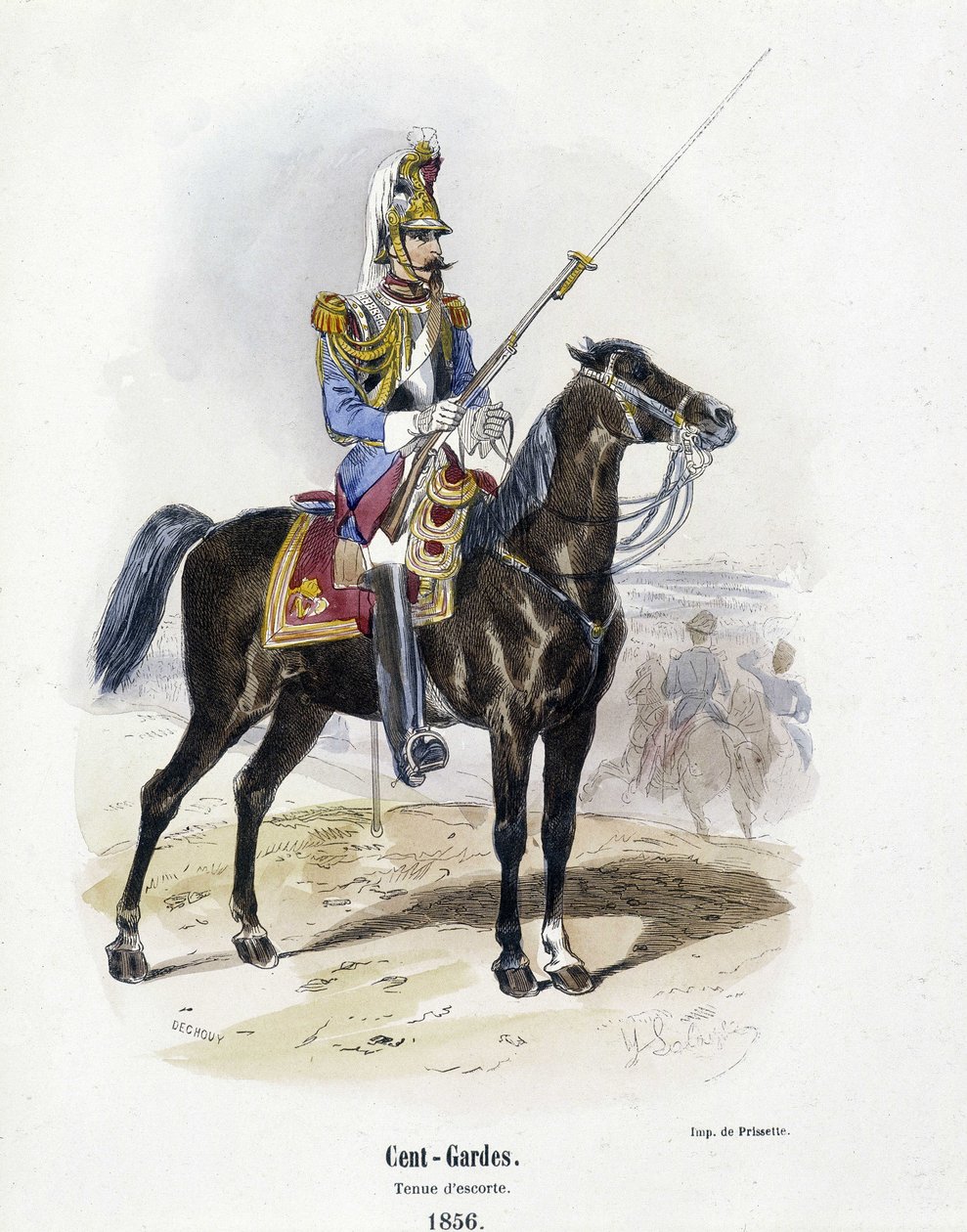 One Hundred - Guards: eskortekostyme i 1856 - i "" Histoire de l'armee"" av A. Barbier av French School
