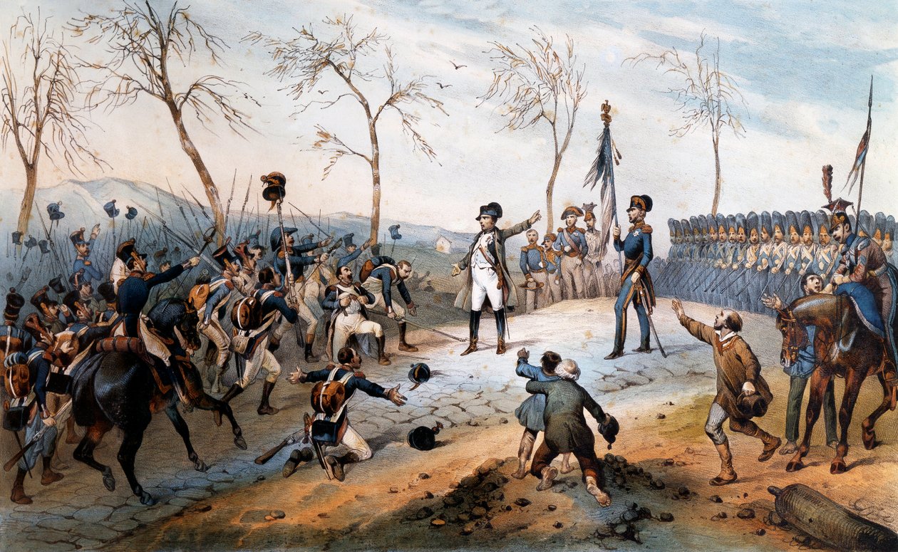 Hundre dager: "" Napoleon Bonaparte (1769-1821) på vei tilbake fra eksil på øya Elba 1815 - Napoleons retur fra Elba. av French School