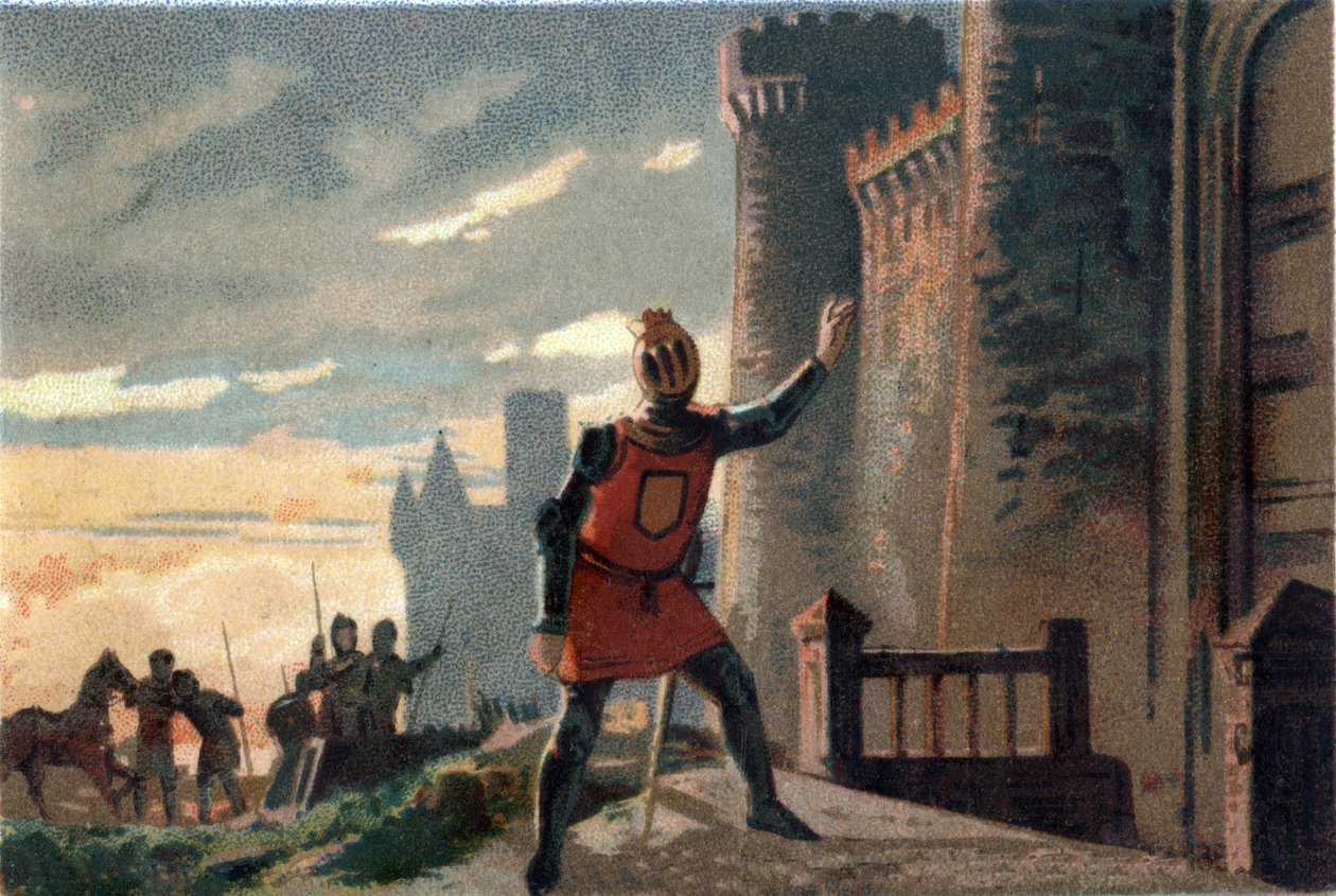 Hundre års krig: Etter nederlaget i slaget ved Crecy, banker kongen av Frankrike Filip VI av Valois (1294-1350) på døren til Chateau de Broye og sier "Åpne opp, det er Frankrikes formue!" (eller "Åpen, det er den ulykkelige kongen av Frankrike! av French School