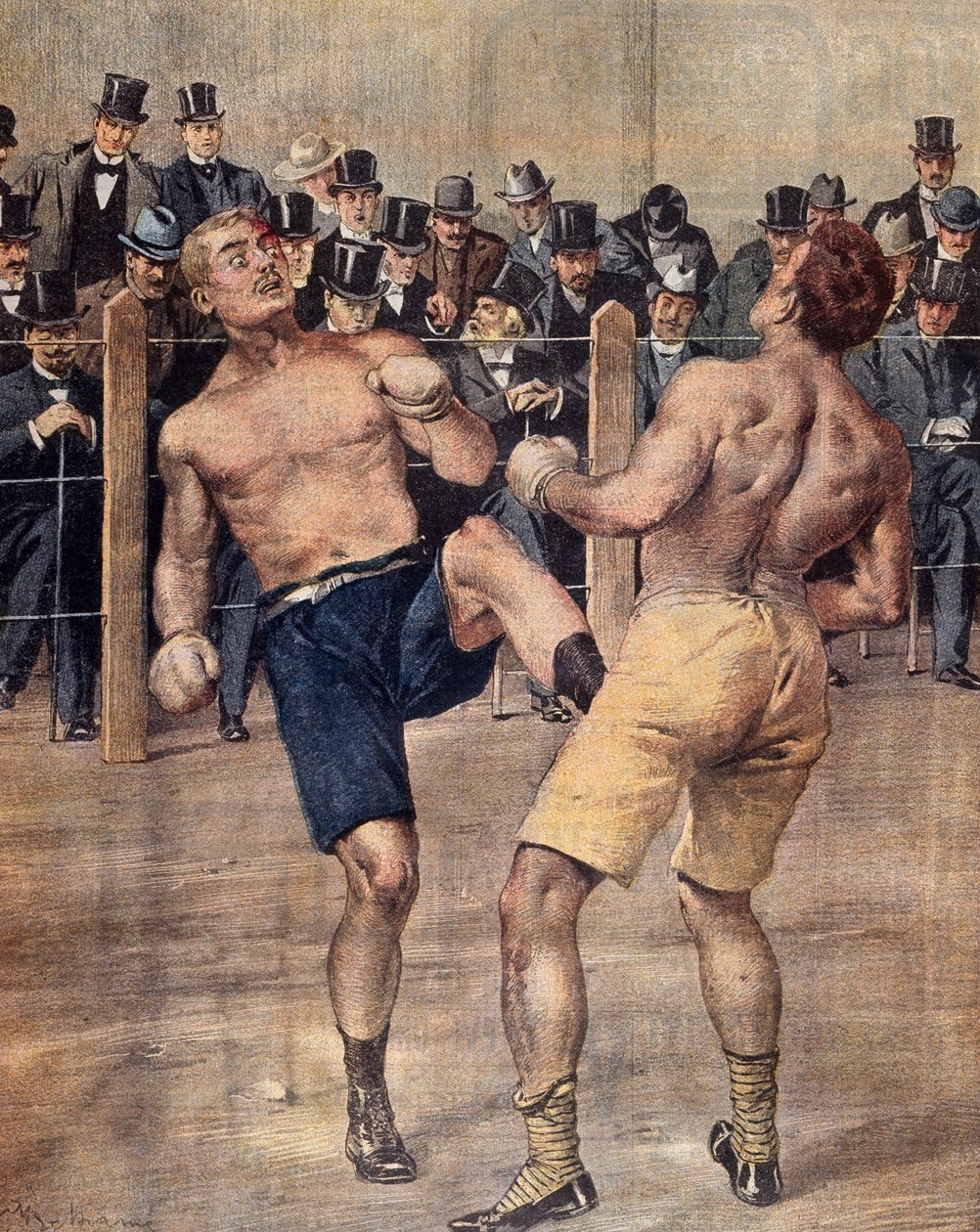 Et av de første redde møtene, fransk boksing, kjempet i Paris i 1899, Fargegravering. Frankrike av French School