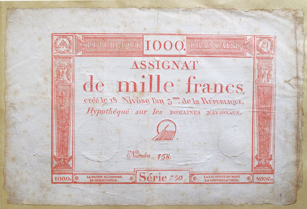 En tusen franc seddel, 1795 (blekk på papir) av French School