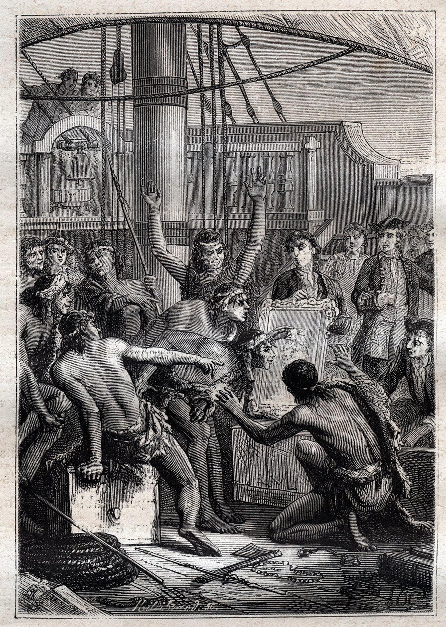 Bare et speil hadde gaven til å vekke deres forbauselse: Samuel Wallis' reise (1728-1795) i Polynesia - indigenes etonnes ved et speil - illustrasjon hentet fra "The Great Mariners of the 18th century" av French School