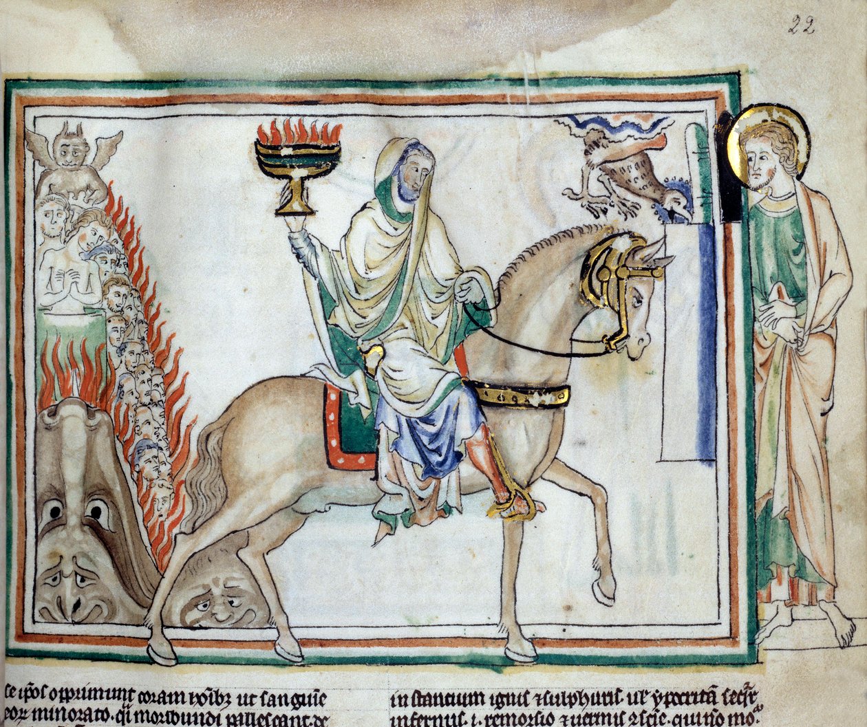 Åpning av det fjerde seglet: Døden rir på den grønne hesten. Miniatyr hentet fra "The Apocalypse of Cambrai"" belyst av den franske skolen på 1200-tallet. Frk. 422. Kommunebibliotek, Cambrai av French School