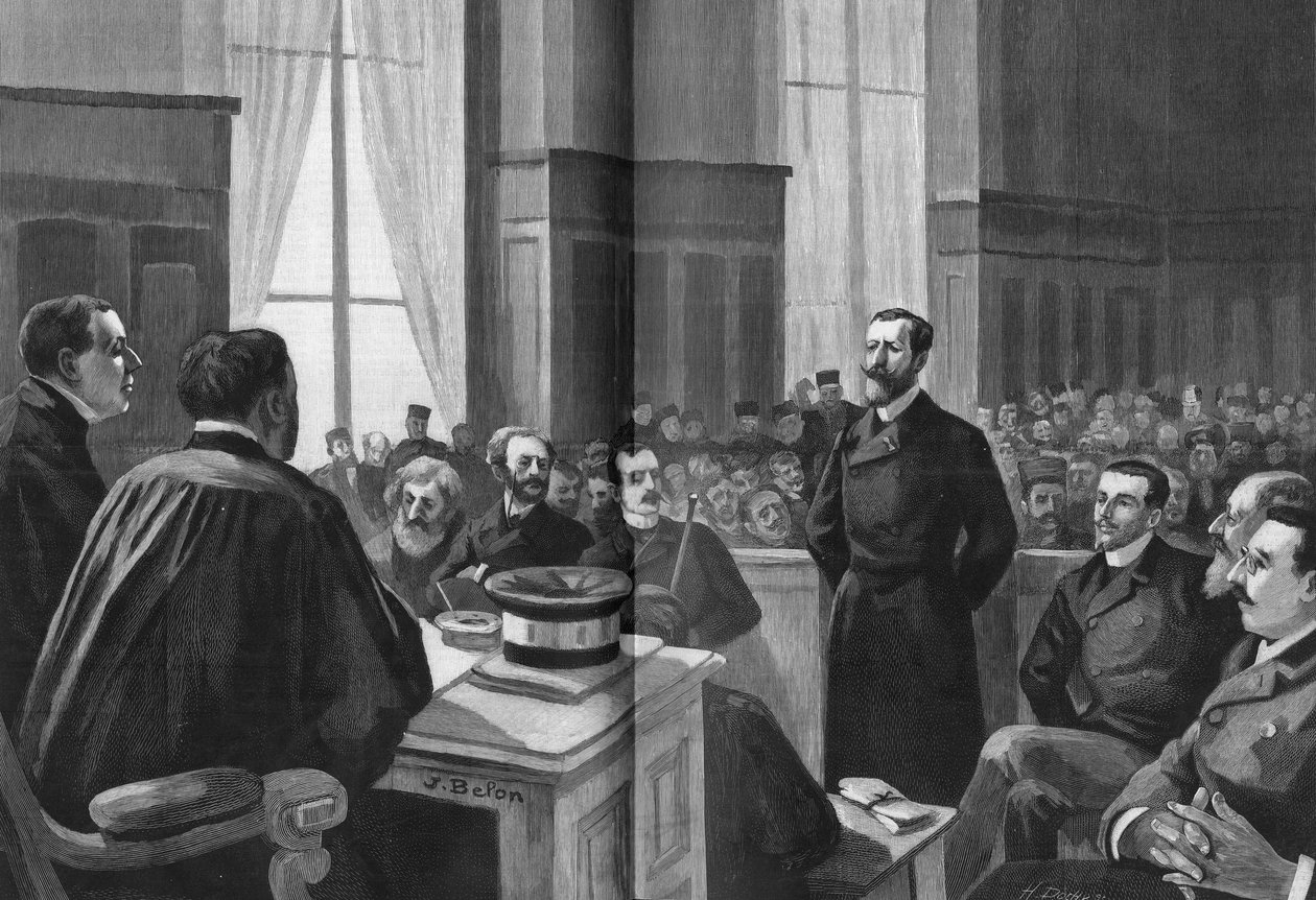 Åpning av saksbehandlingen til League of Patriotes i 1889. President Gillet, Naquet, Laisant, Laguerre, Deroulede, Richard, Turquet, Gallian. av French School