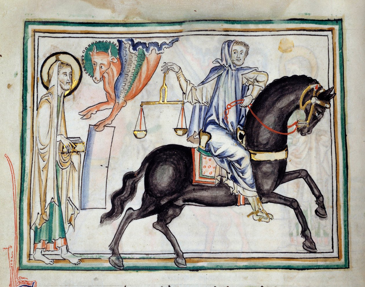Åpning av det tredje seglet: en ridder på en svart hest som holder en skala som symboliserer elendighet og hungersnød”” Miniatyr hentet fra “The Apocalypse of Cambrai””” belyst av den franske skolen på 1200-tallet. Frk. 422. Kommunebibliotek, Cambrai av French School