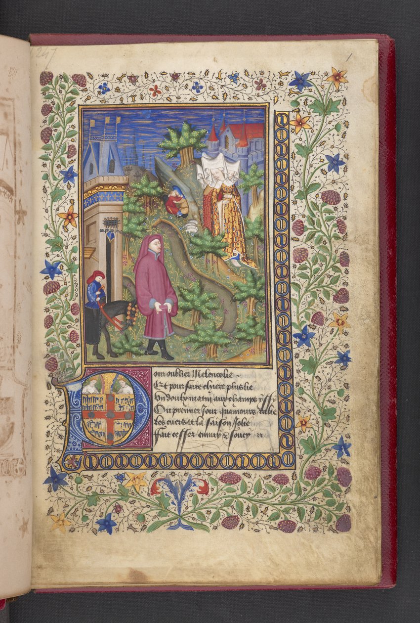 Åpningsside. En herre i et landskap, etterfulgt av en annen på hest, med tre damer.  Le livre des quatre dames; av Alain Chartier. Le livre des quatre damer; av Alain Chartier.  Chartier, Alain, Uspesifisert, sekretær for Charles V av French School