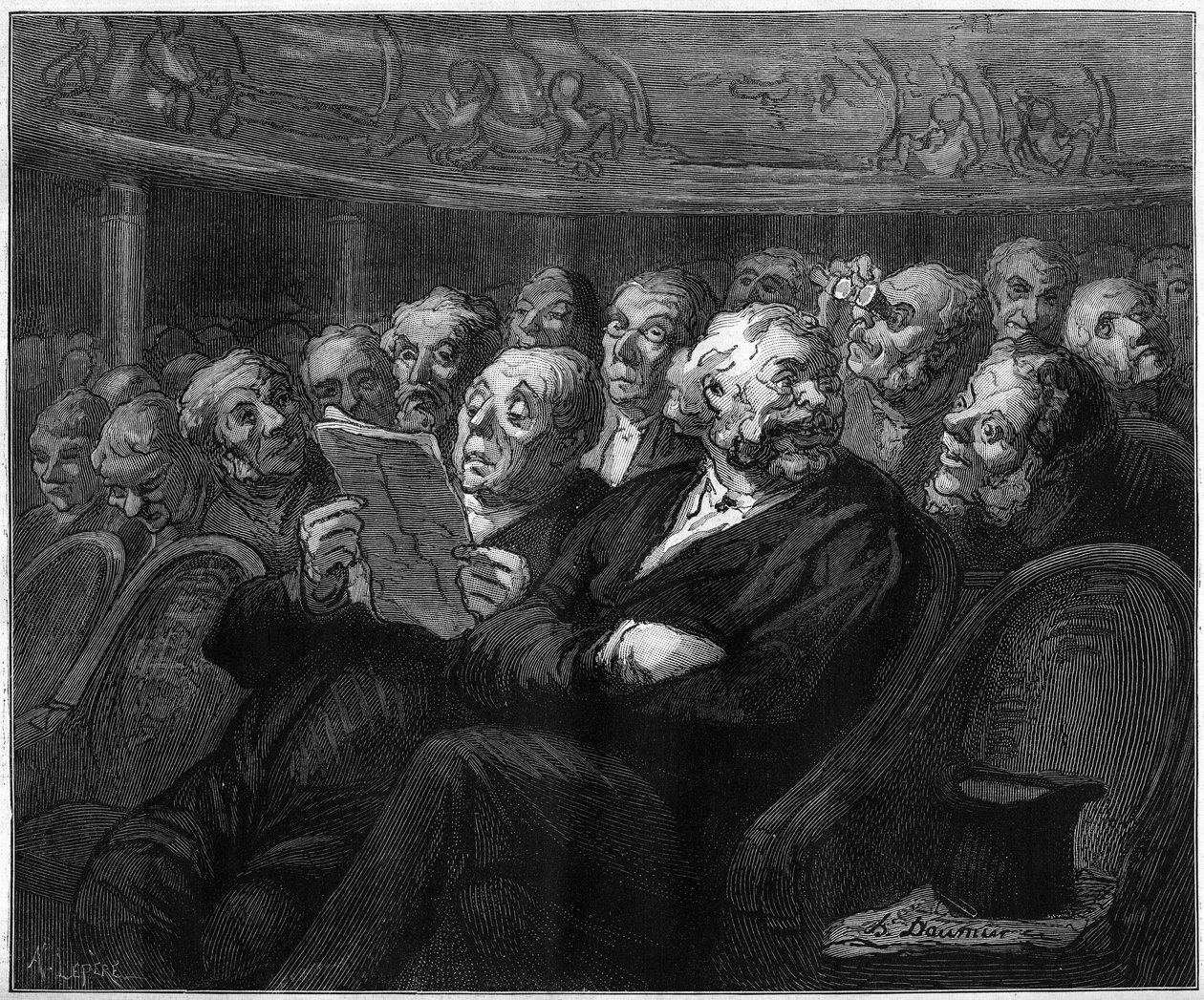 Orchestra chairs. Cartoon by Honore Daumier (1808-1879). Engraving in “” Le Monde Illustré”” n°1101 of May 4 av French School