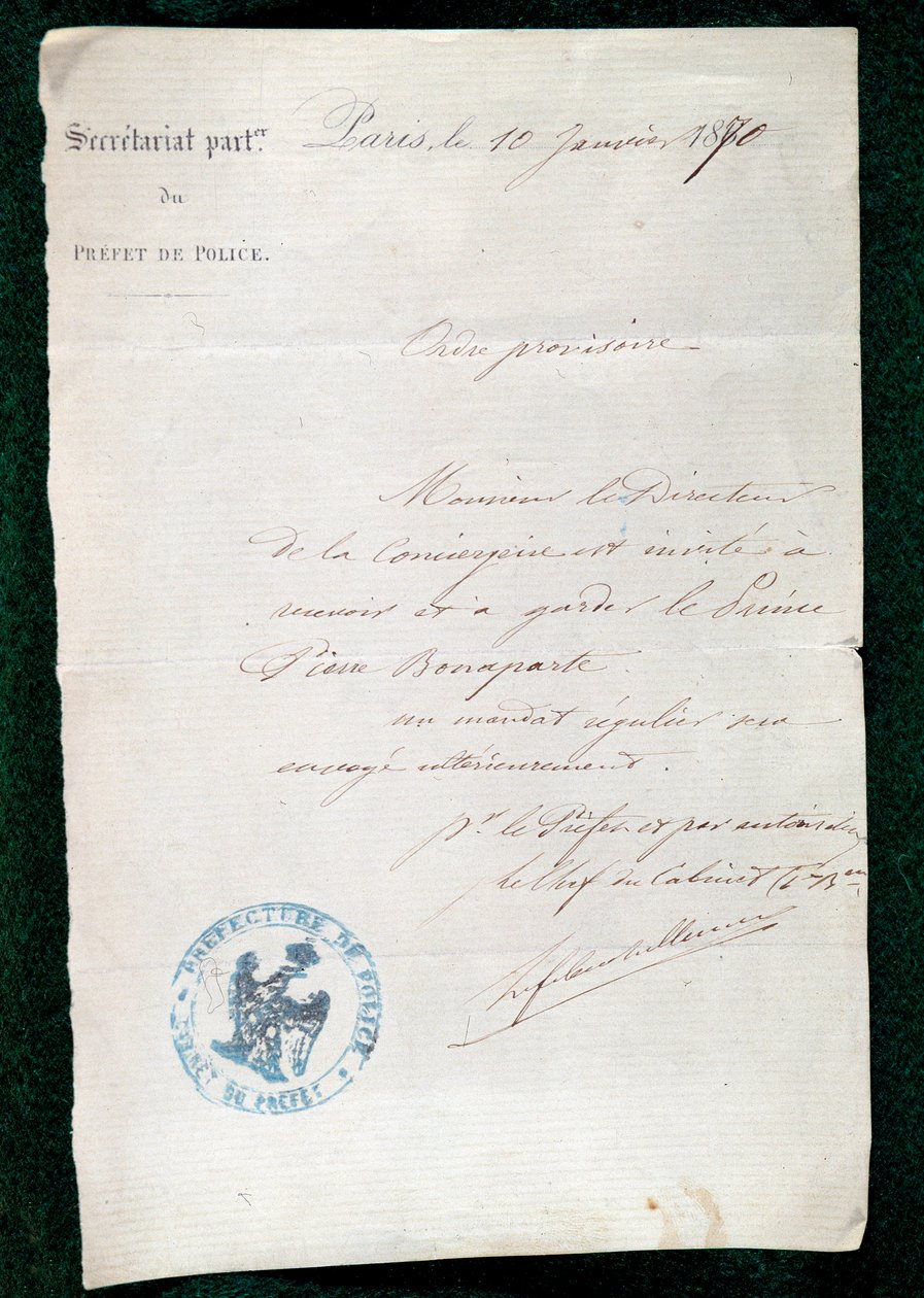 Ordre om fengsling til conciergen til prins Pierre Bonaparte (1815-1881) 10. januar av French School