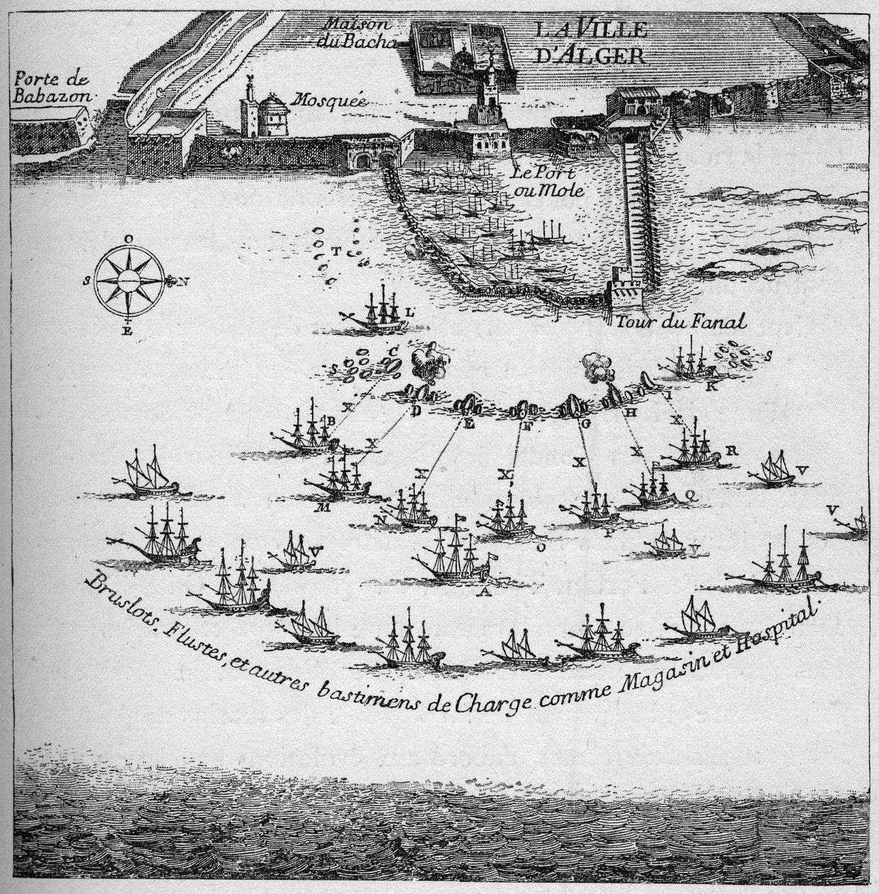 Orden av de franske skipene for angrepet på Alger i 1683. Gravering i "La Marine et les colonies: handel" av French School