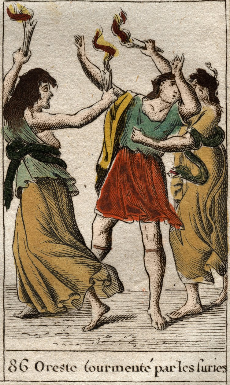 Orestes pursued by the Erinyes (or Furies) for revenging the death of his father Agamemnon by killing his mother Clytemnestra). From “Mythology of Youth” by Pierre Blanchard 1803. av French School
