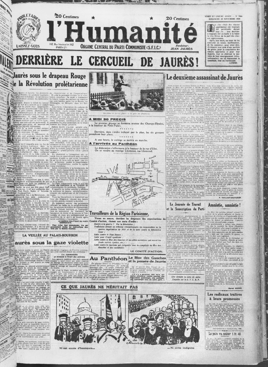 Organisering av overføringen av Jean Jaures til Pantheon, Paris, fra LHumanite, 23. november 1924 (trykt papir) av French School