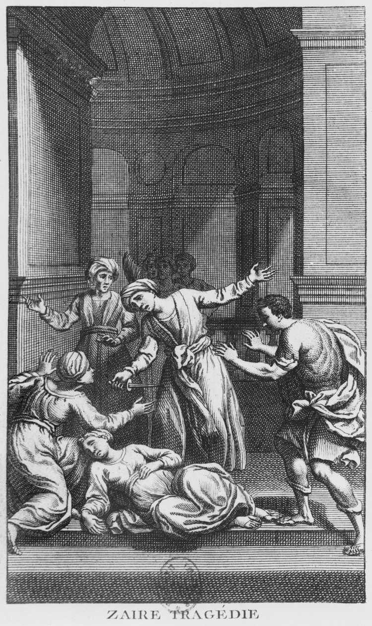Orosmane som dreper Zaire, illustrasjon fra akt V av 'Zaire' av Voltaire (1694-1778) (gravering) (s/hv-foto) av French School
