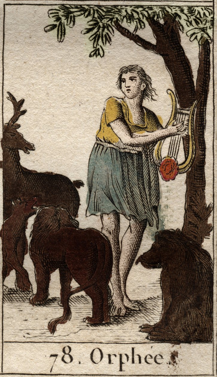 Orpheus sjarmerer de ville dyrene ved å spille sin lyre fra "Mythologie de la jeunesse" av Pierre Blanchard 1803. av French School