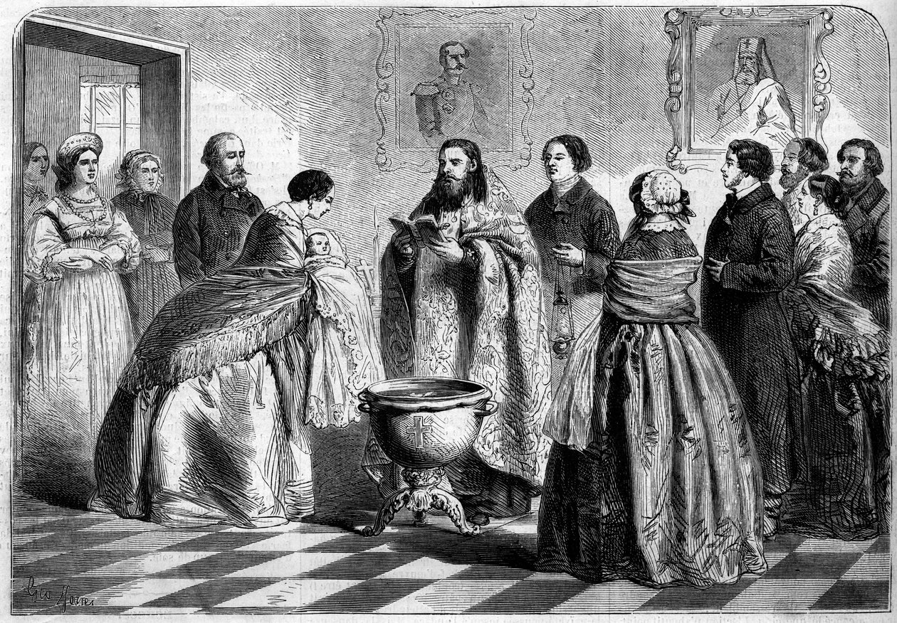 Orthodox rite - baptism: baptism ceremony, according to the Greek rite, in the upper Russian society in 1858. The child is present to the Pope by his godmother before being immersed in the baptistere. Engraving in “” Le Monde Illustré”” n°81 of 30 October  av French School