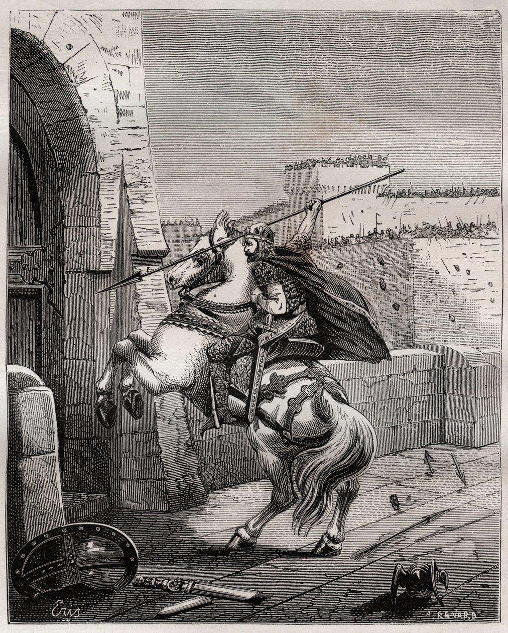 Otto II, den hellige romerske keiseren før Paris - Otton II av det hellige rike, kjent som Roux (955-983) irriterer seg over å ikke kunne trenge inn i Paris (Paris hovedkvarter, 978), rykker frem under byens murer for å plante sin spyd i døra - gravering i av French School
