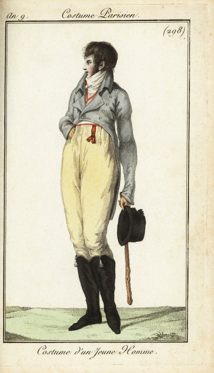 Antrekk til en ung mann eller Incroyable, mai 1801 (håndfarget kobberstikk) av French School