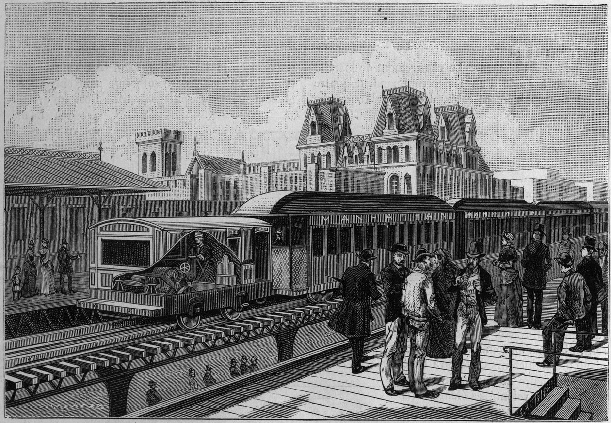 Oversikt over Elevated Railroad stasjon og elektrisk tog i New York, USA. Gravering i "" La Nature. Revue des sciences et de ses applications aux arts et a l