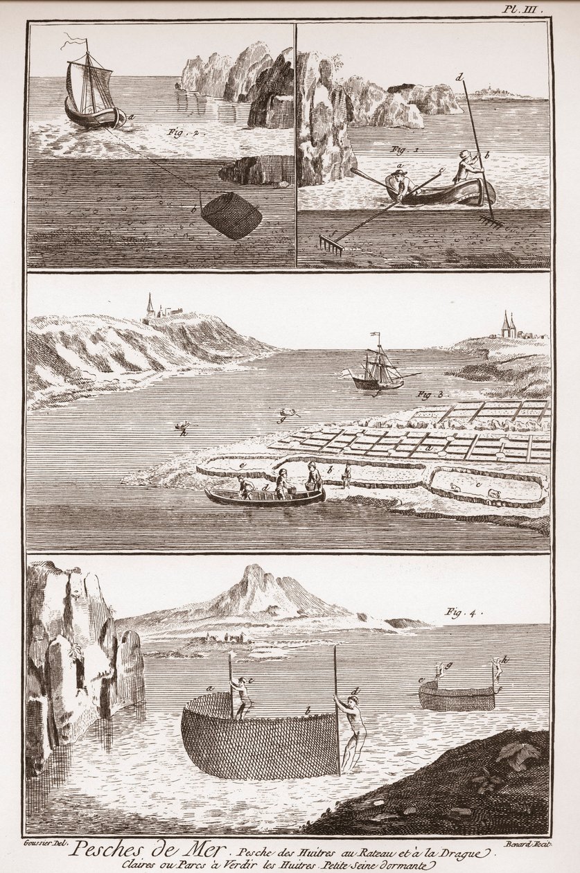Oyster fishing - “The Great Encyclopedie, ou Dictionnaire Raisonne des Sciences, des Arts et des Metiers” (Encyclopedia or Dictionary of the Sciences, Arts and Professions) by Denis Diderot (1713-1784) and Jean d