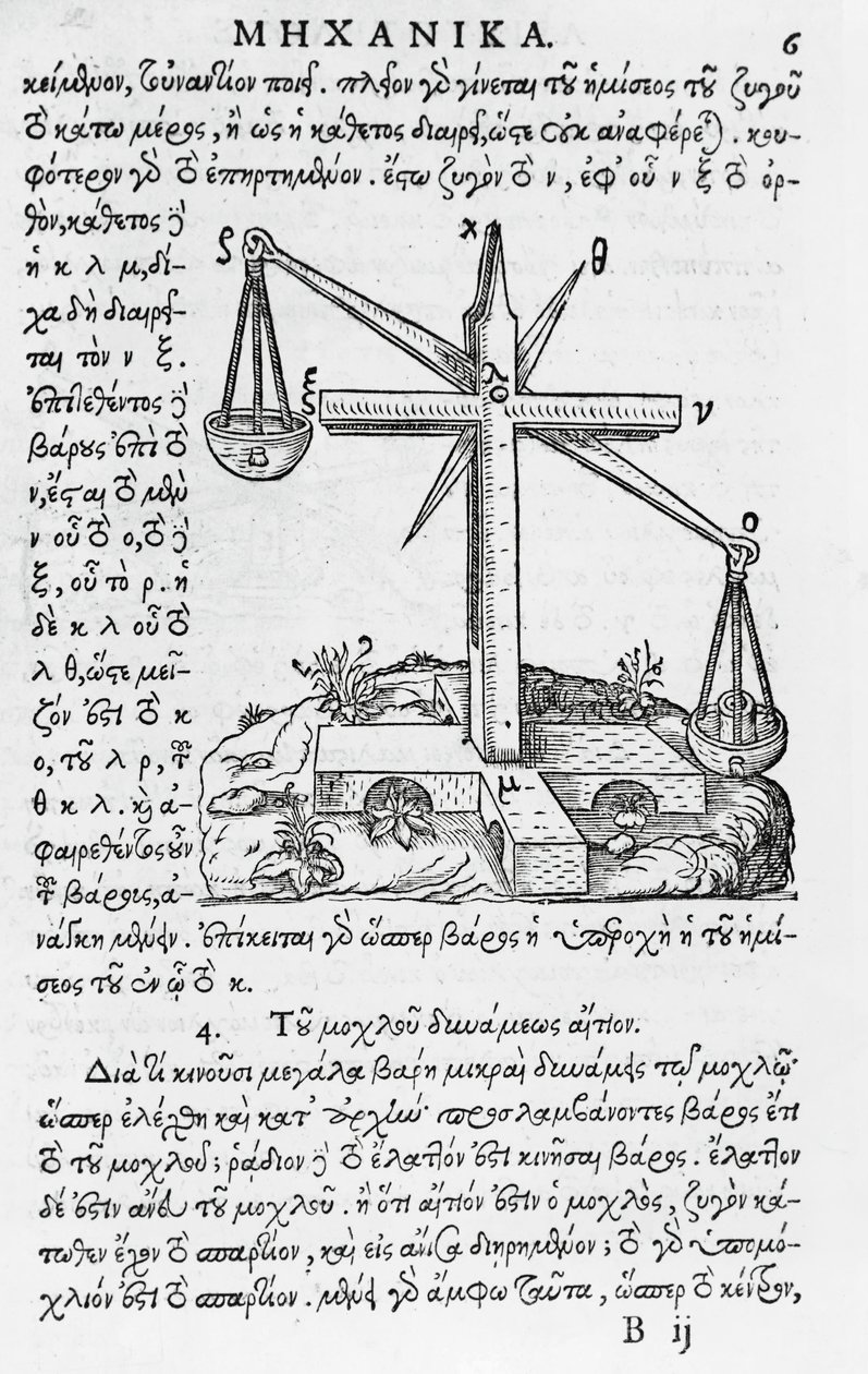 Side fra Mhxanika, reproduksjon av gresk manuskript av Aristoteles (384-322 f.Kr.), utgitt i Paris av French School