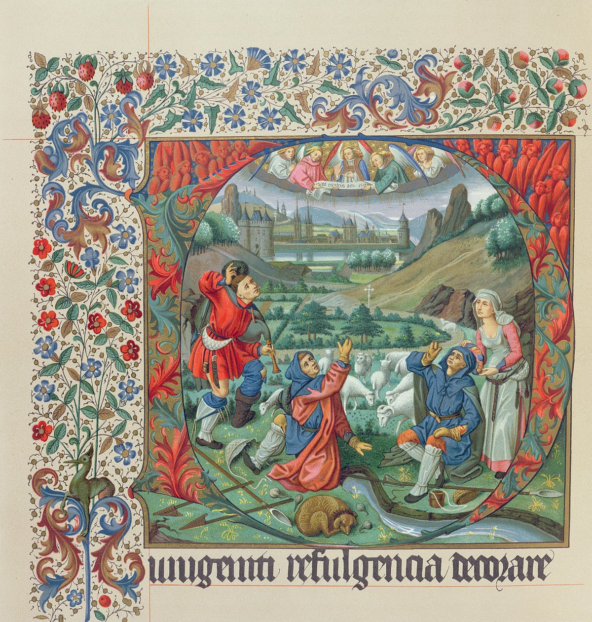 Side fra en faksimileutgave av Missel de Jouvenel des Ursins med en historisk initial og utsikt over Paris og Seinen på 1400-tallet av French School