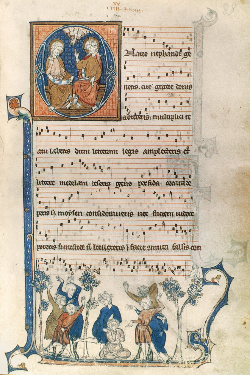 Side fra et manuskript for en parisisk sanger, med illustrasjoner av den hellige treenighet og spillet Blind Mans Bluff, ca. 1280-1315 av French School