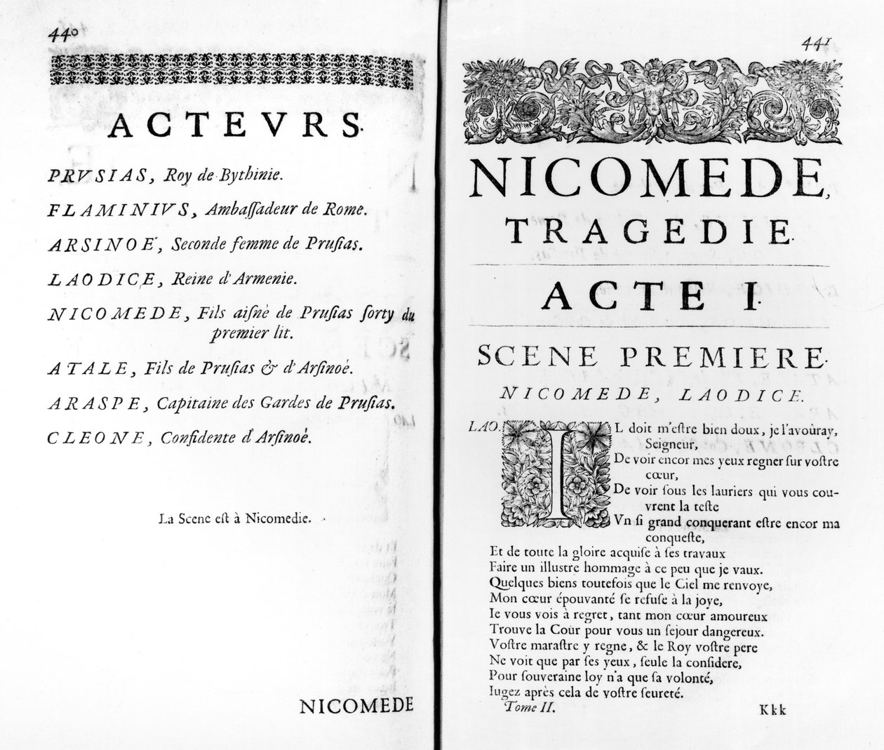 Side av den første akten av Nicomede av Pierre Corneille (1606-84) av French School