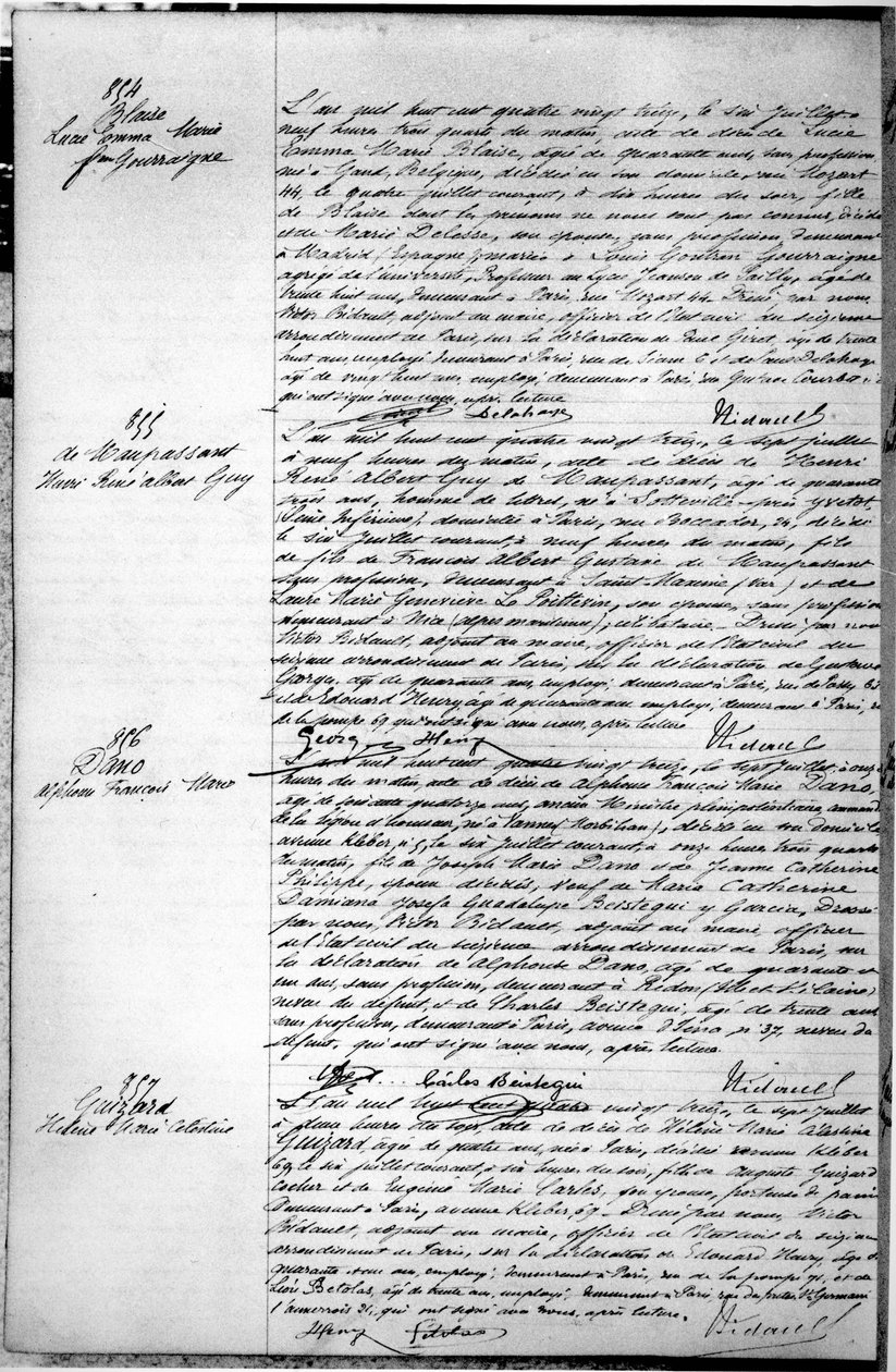 Side med dødsattesten til Guy de Maupassant (1850-93) 7. juli 1893 (penn og blekk på papir) (se 199748 for detaljer) av French School