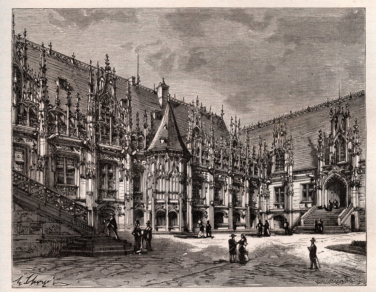 Palais de justice de Rouen tidligere parlament i Normandie - gravering i "Frankrike illustree: geografi, historie, statistisk administrasjon" av V.A. Malt-brun. 1884 av French School