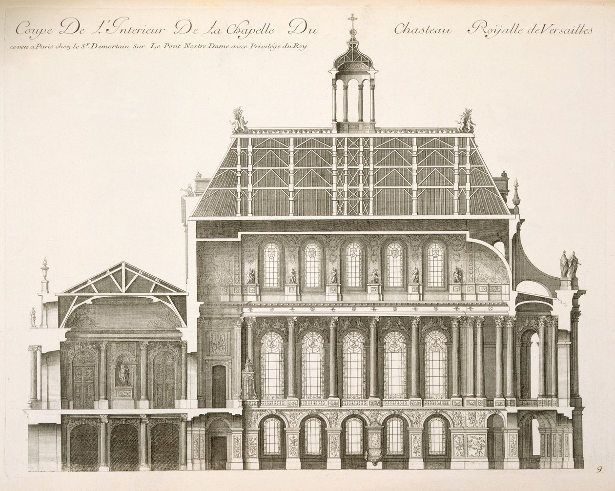 Palais du Louvre: Det kongelige kapell, seksjon, ca. 1720-tallet av French School
