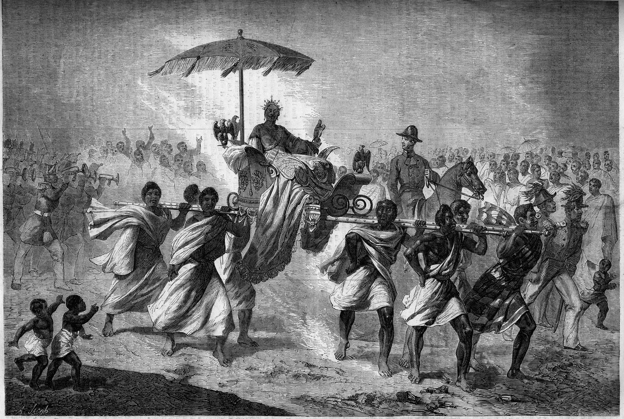 Palanquin Walk av dronningen av Madagaskar Raboude (Rasoherina) (1818-1868), kone til Radama II. Gravering i "" The Illustrated World"" nr. 303 av 31. januar av French School