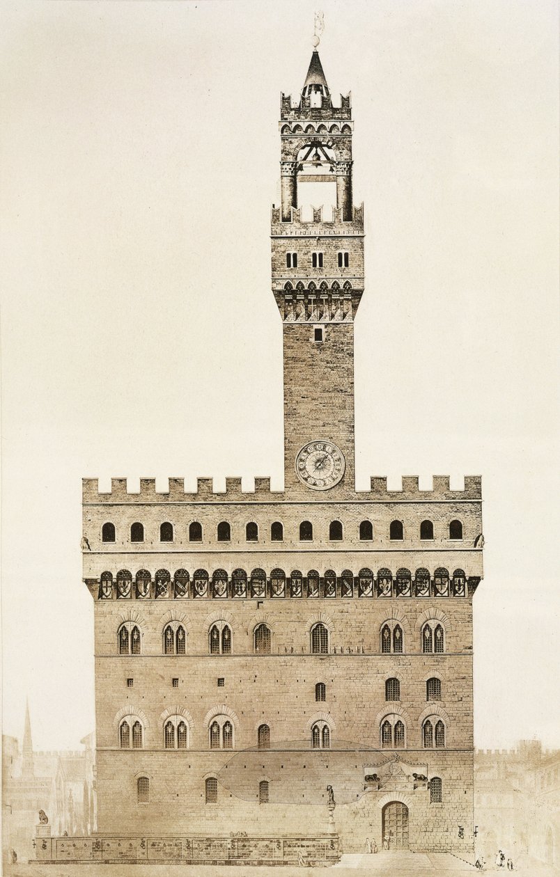 Palazzo Vecchio, eller Palazzo della Signoria, Firenze, fra Fragments dArchitecture du Moyen Age et de la Renaissance, gravert av Jules Adolphe Chauvet (f.1828) av French School