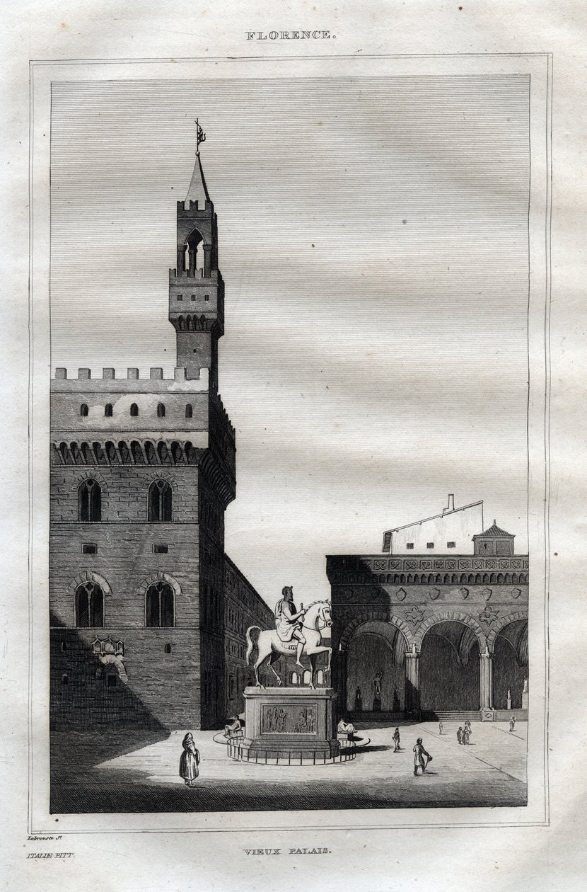 Palazzo vecchio in Florence - Piazza della Signoria - Engraving from “” Picturesque Italy” - Historical and Descriptive Painting of Italy” by M. de Norvins, Ch. Nodier 1834-1836. av French School