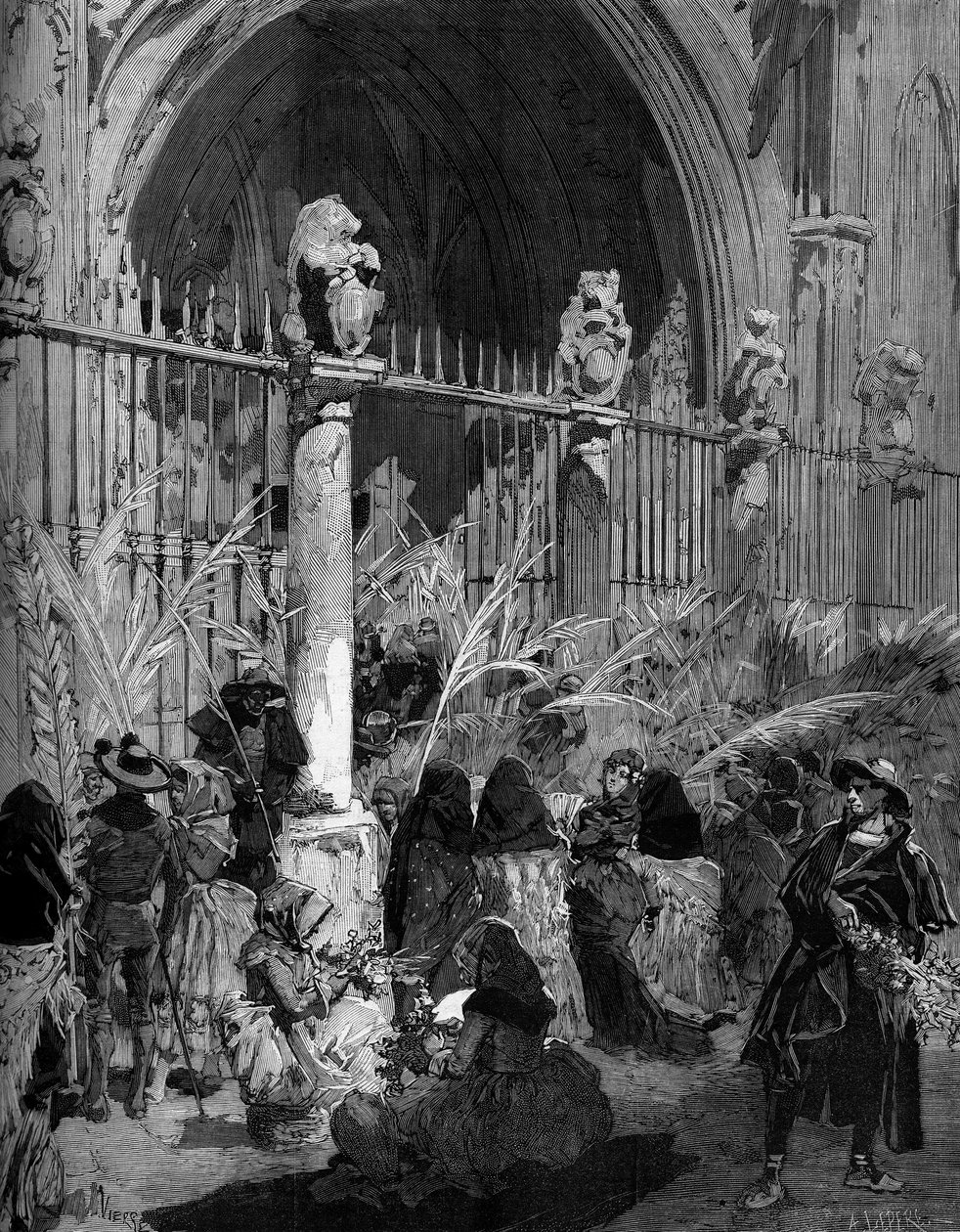 Palmesøndag i Spania: salg av benittpalmer foran katedralen i Toledo. Gravering av Jomfruen i "" The Illustrous World"" nr. 1200 av 27. mars 1880. av French School