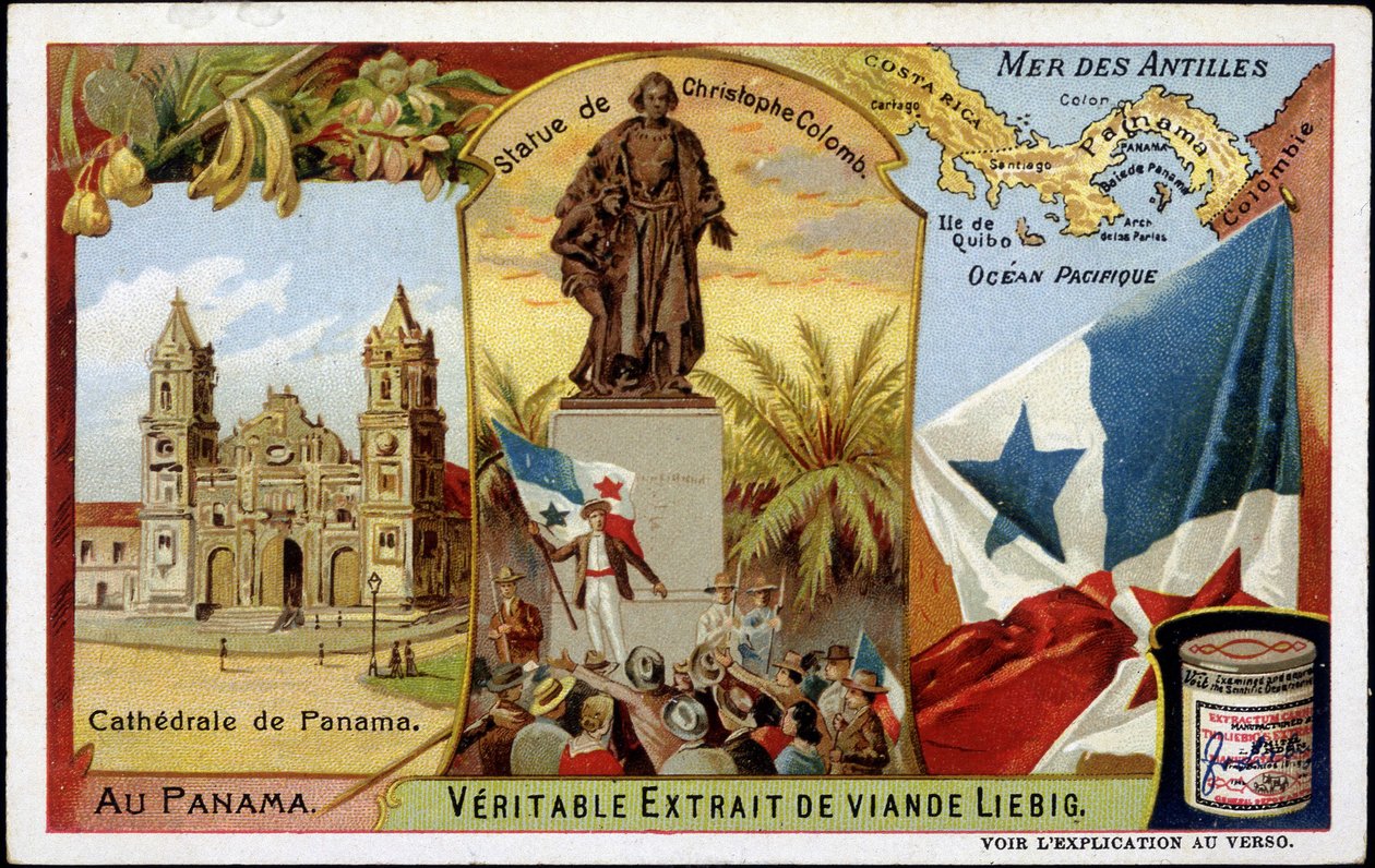 Panama: katedralen, statuen av Columbus, flagget - chromo. av French School