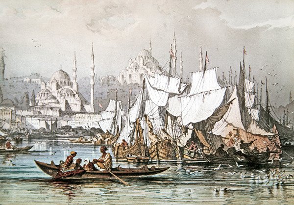 Panorama over skipsfart i havnen i Konstantinopel med Den blå moskeen og Hagia Sofia av French School