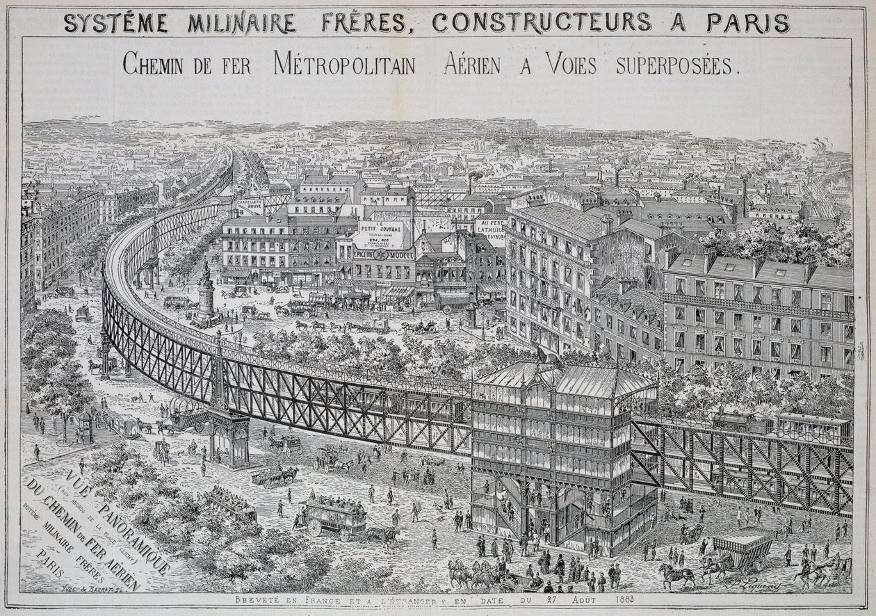 Panoramautsikt over Overground Metro i Paris, illustrasjon fra Le Metropolitain, mai 1885 av French School