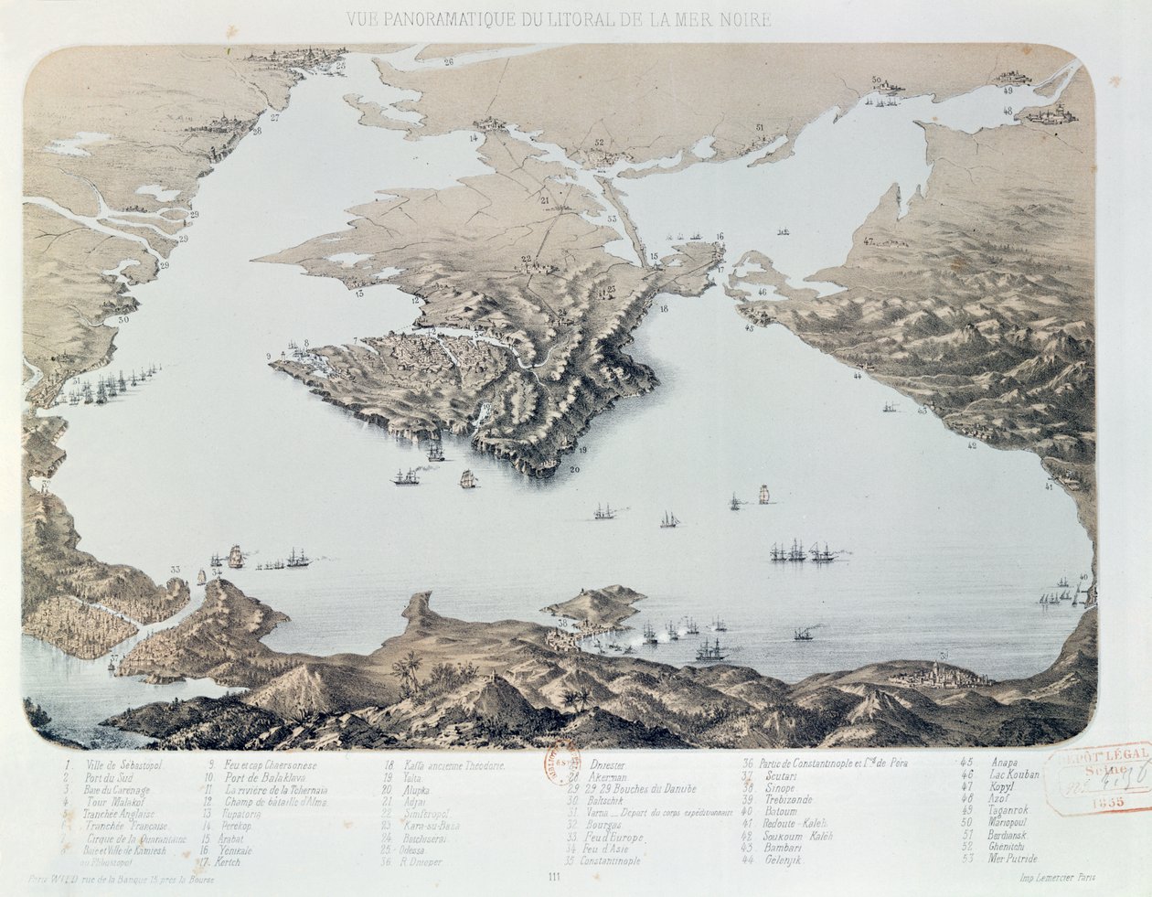 Panoramautsikt og plan over Sevastopol og Svartehavskysten på tidspunktet for Krim-krigen, 1855 av French School