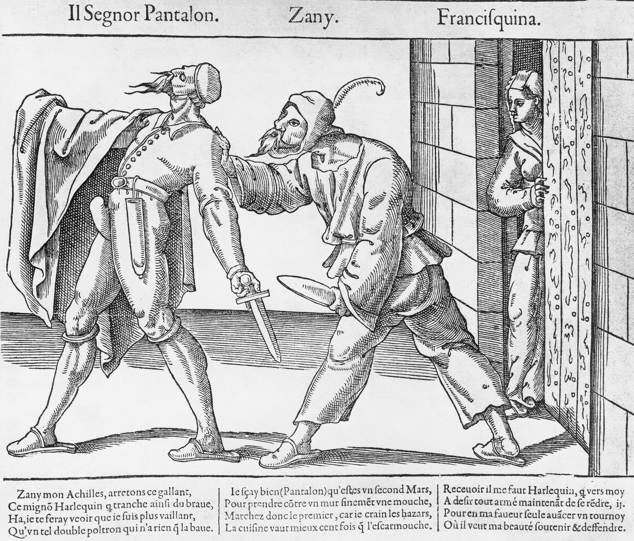 Pantalone, Zanni og Franceschina, scene fra italienske Commedia dell